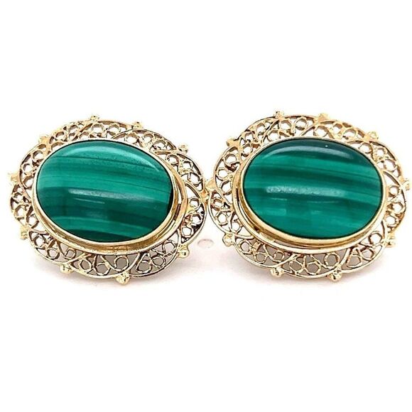 Gorgeous 14K Gold Malachite Clip Earrings - Picture 1 of 8